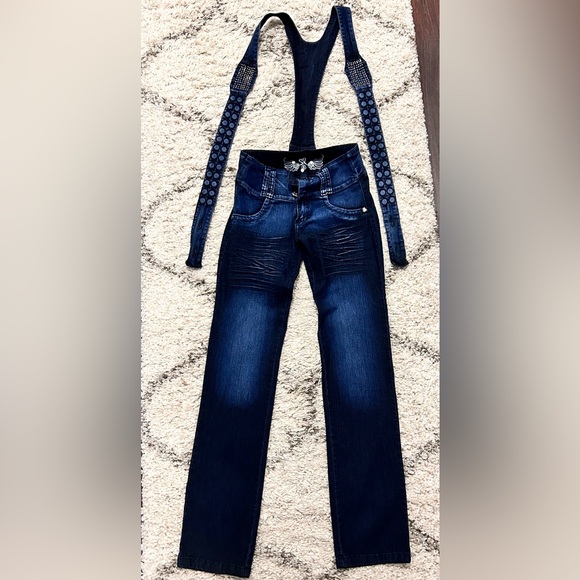 Butt Lifting Colombian Dark Blue Women's Jeans with Suspenders - Picture 1 of 4